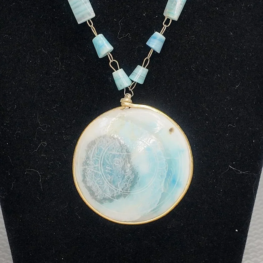 Carved AZTEC SunTurquoise Agate Stone Branded Pendant Necklace 15"L - Picture 2 of 11